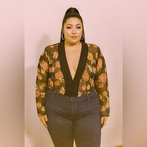 Floral Sheer Bodysuit with Black Trim